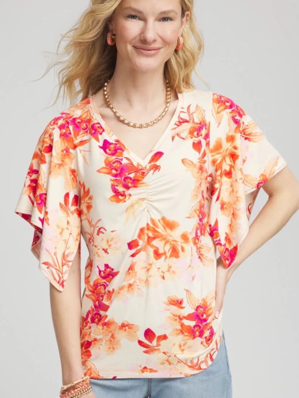 Chico’s Touch of Cool Sunset Peach Handkerchief Sleeve Tee Size 1 Reg 8/10 Med